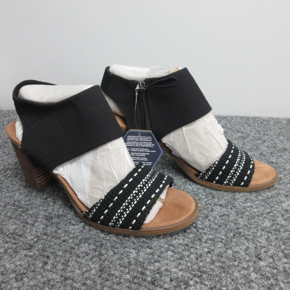 TOMS Majorca Cutout Sandals Womens Size 10 Black Strappy Woven Block Heel Zip